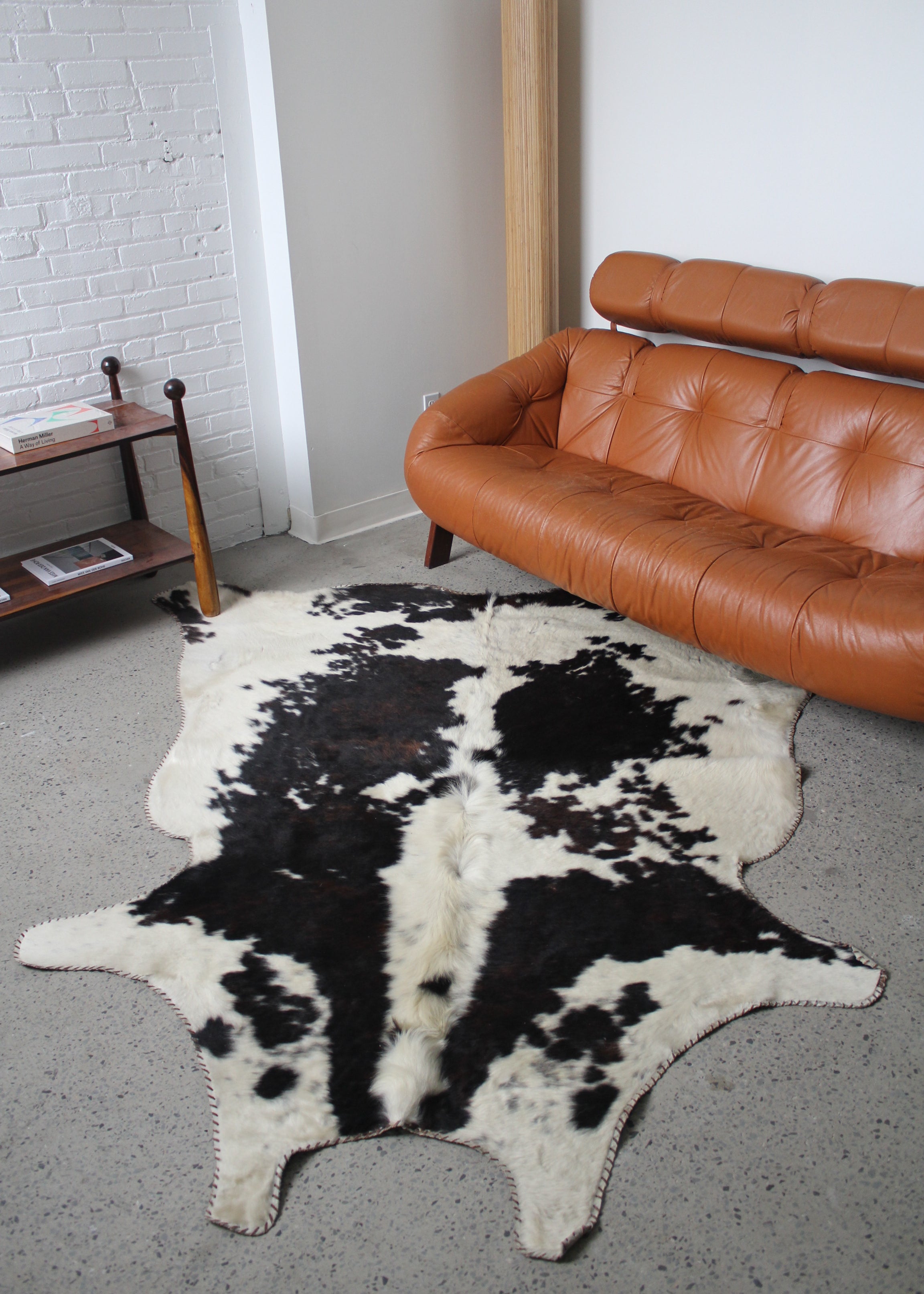 Vintage Speckled Cowhide Rug Tricolour Leather Trim