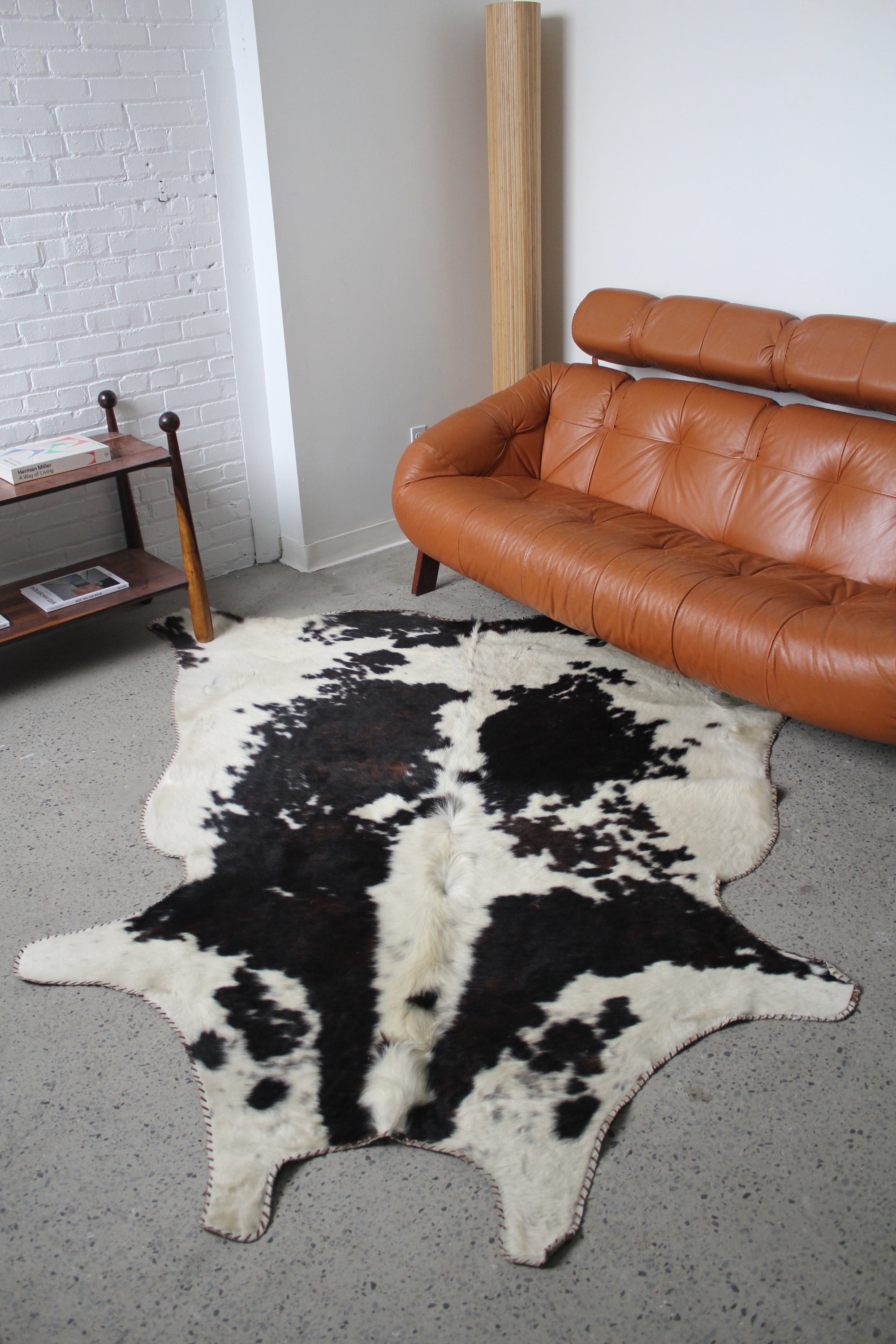 Vintage Speckled Cowhide Rug Tricolour Leather Trim