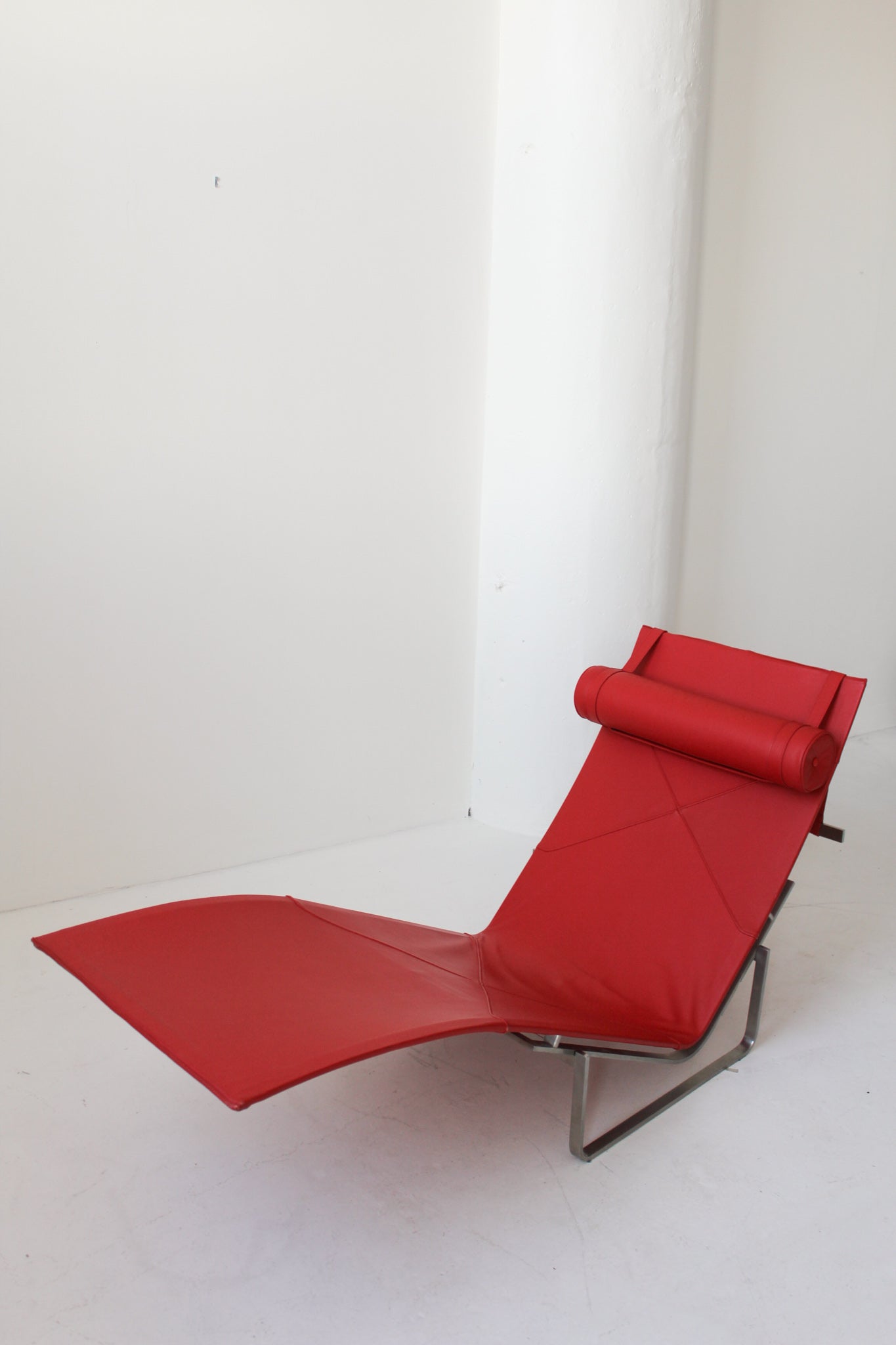 Red Leather and Steel Chaise Longue